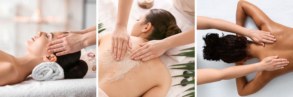 Image of spa treatments, head massage, salt scrub applied to someones back, shoulder massage.