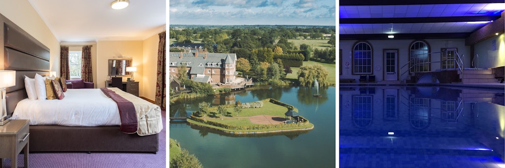 Image of a double bedroom at ardencote, an aerial shot of Ardencote showing the lake and golf course. Third image of Indoor Pool